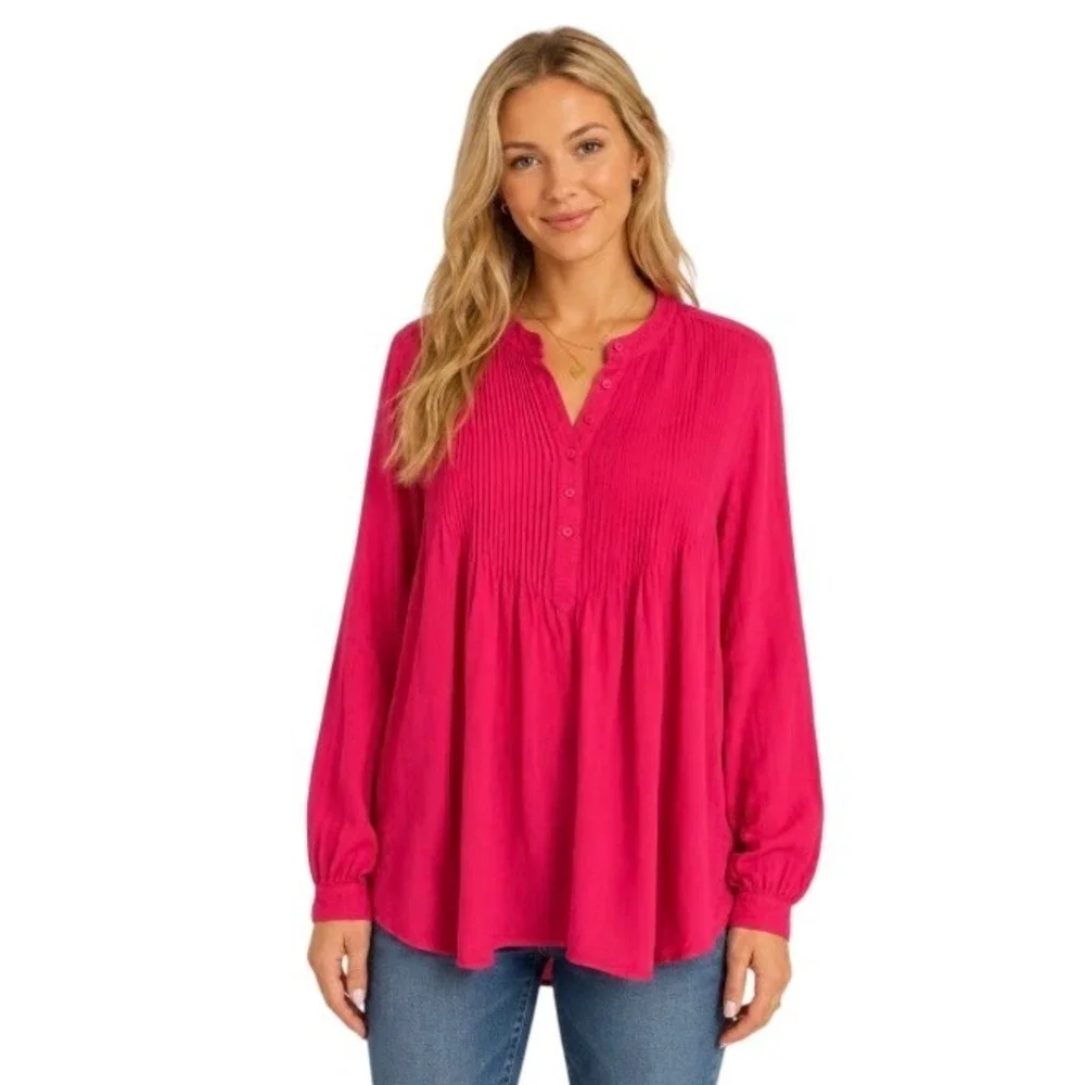 Sundance Women Pink Pintuck Pleated Henley Tunic Blouse Medium RN 106205 - Picture 1 of 6